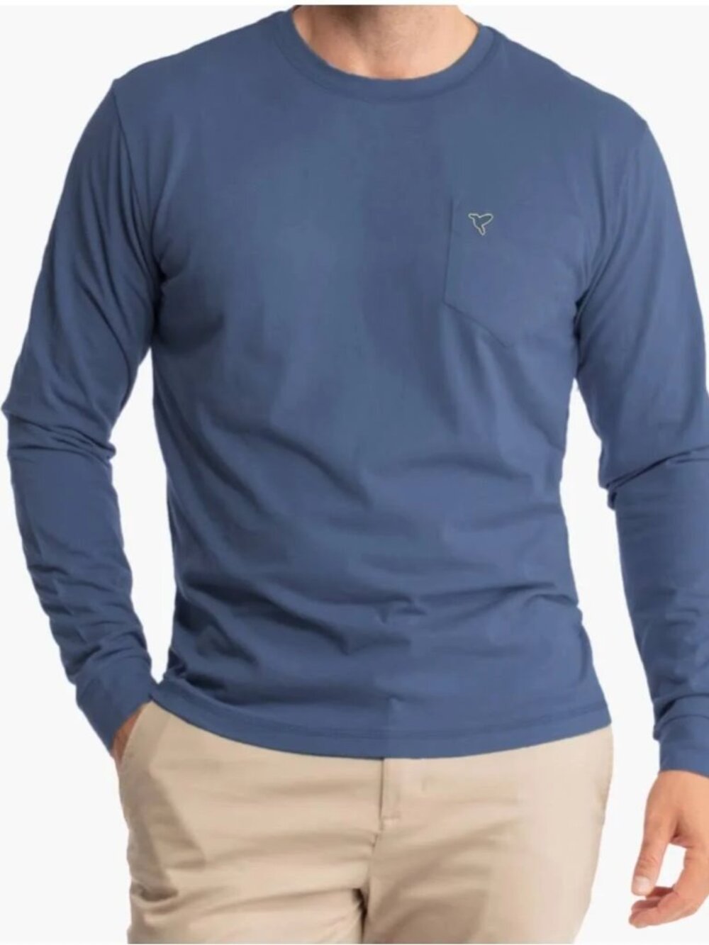 Birddogs Logo Pocket Long Sleeve T-Shirt Crew Neck Blue Cotton Blend